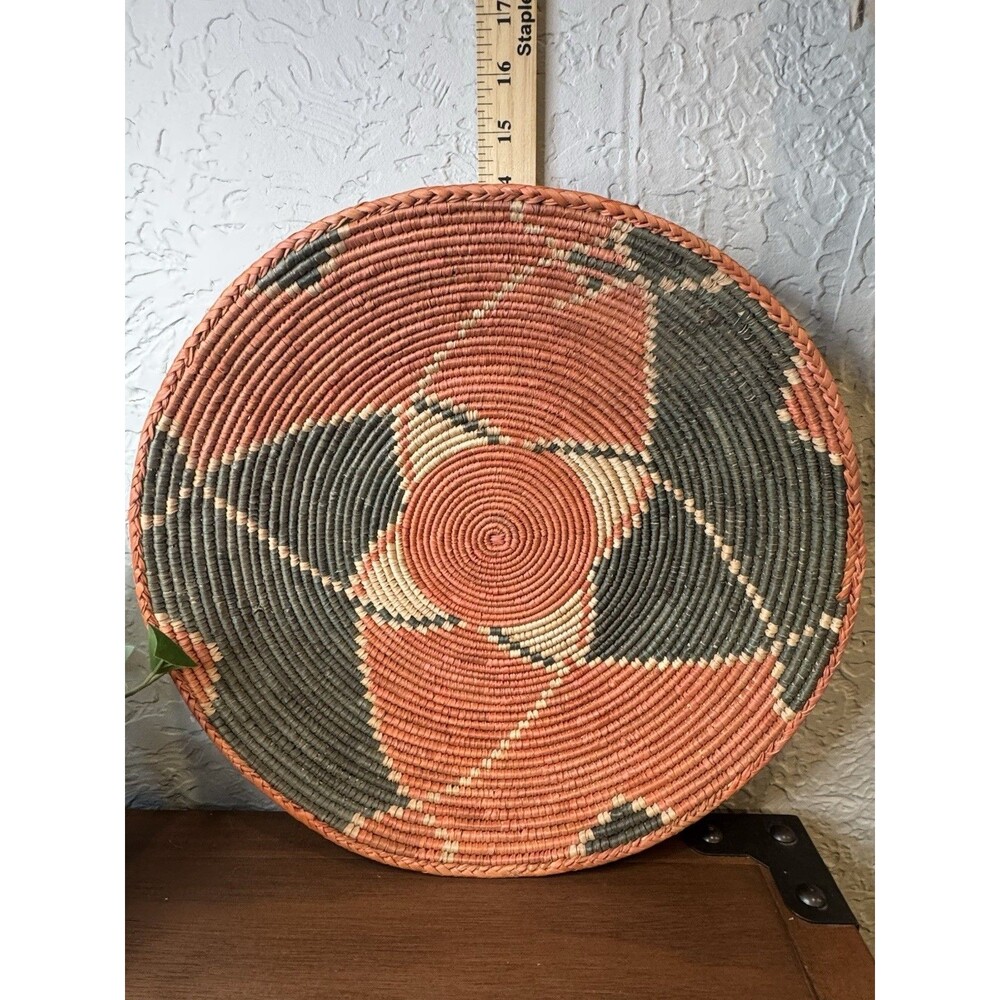 Large Handwoven Coiled Boho Style Basket Wall Decor Black Rust 14”